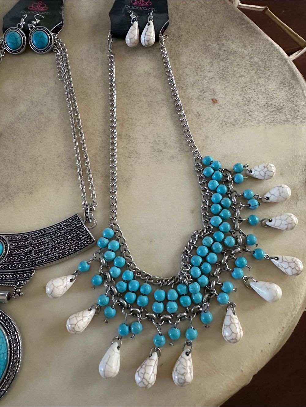 Turquoise(3) Statement Necklace with Matching Earrings - Blue Silver Accent - Picture 5 of 5